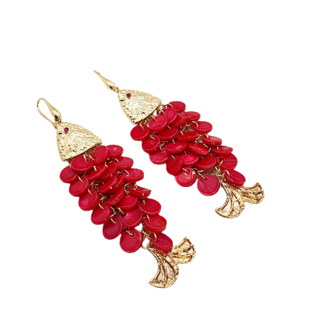 earrings metall gold big red fish